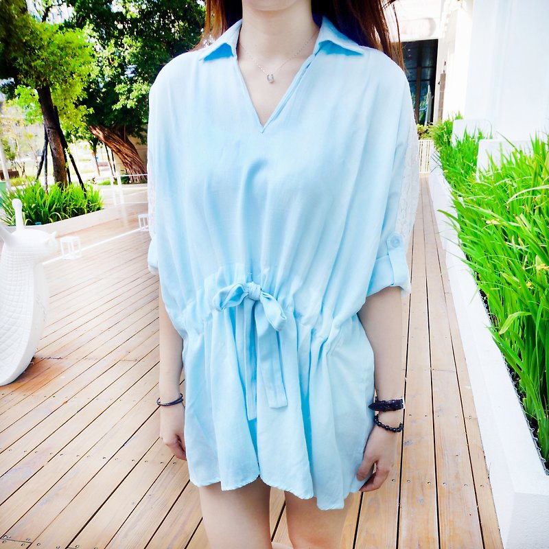 俏麗綁帶修身長版竹節襯衫/水藍 - 女襯衫 - 其他材質 藍色