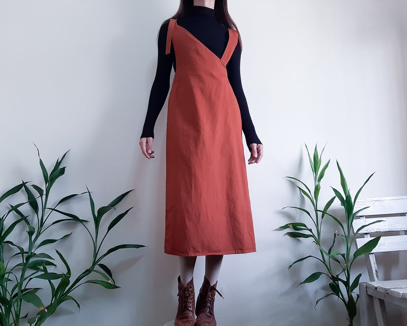 復古棕色裙子工裝褲棉質背帶裙棕色女裙 - 吊帶褲/連身褲 - 棉．麻 咖啡色