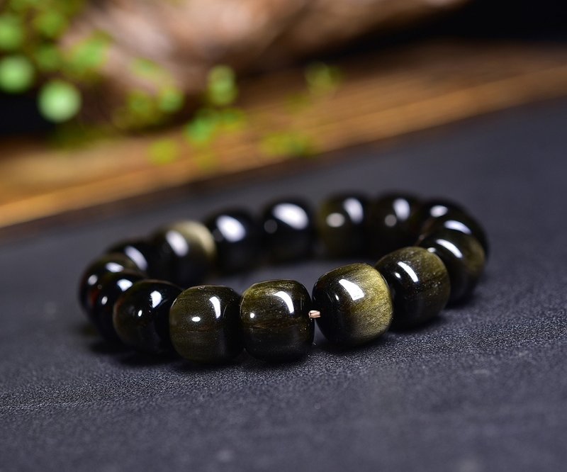 Pure natural obsidian old style bracelet cat's eye effect good beads 14mm to ward off evil spirits and keep safe - Bracelets - Crystal 