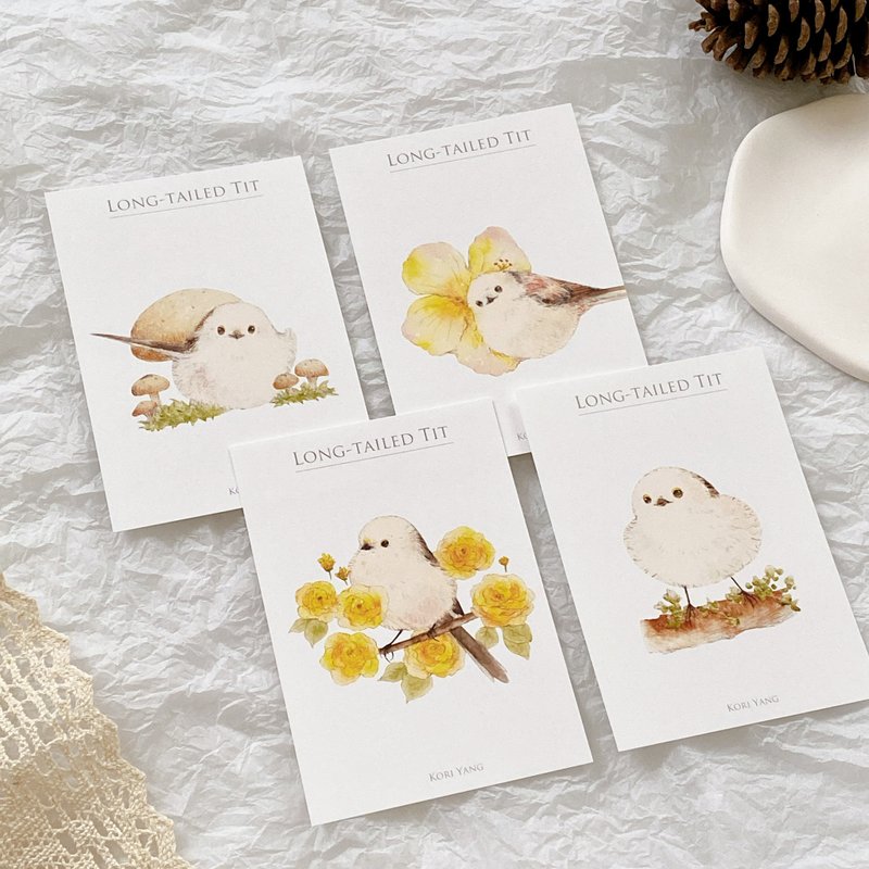 Silver throated Long-tailed Tit 45 Watercolor Birds Postcard Set - การ์ด/โปสการ์ด - กระดาษ 