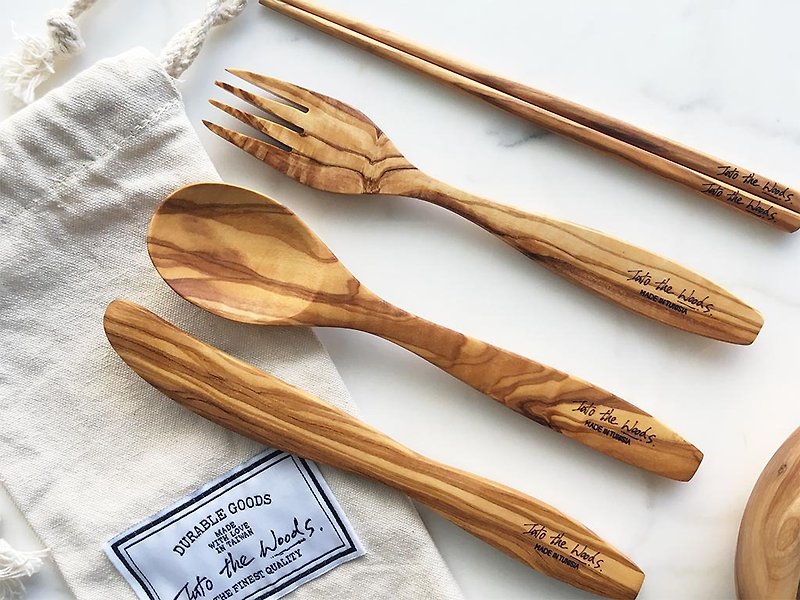 オリーブの木の食器4セット - ナイフとフォークスプーン箸（袋出てきます） - 箸・箸置き - 木製 ブラウン