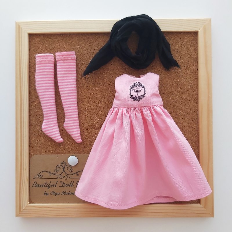 Blythe outfit for blythe doll: dress, scarf , socks - 嬰幼兒玩具/毛公仔 - 棉．麻 粉紅色