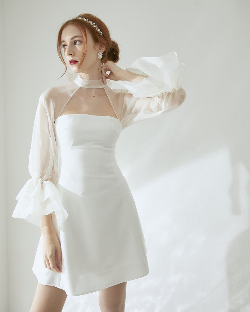 Daisy Mini Dress with Silk Chiffon Sleeves ชุดเดรสออกงาน ชุดเดรสยาว ชุดเดรสสีขาว - ชุดเดรส - ผ้าไหม ขาว