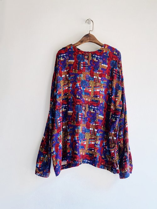 河水山 紅藍紫華麗鎖鏈華麗寬鬆 古著絲襯衫上衣vintage Shirt oversize