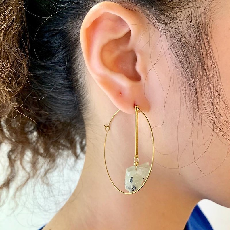 黃銅大單圈+垂墜天然葡萄石礦石銅耳環_可免費修改成夾式耳環 - 耳環/耳夾 - 石頭 綠色