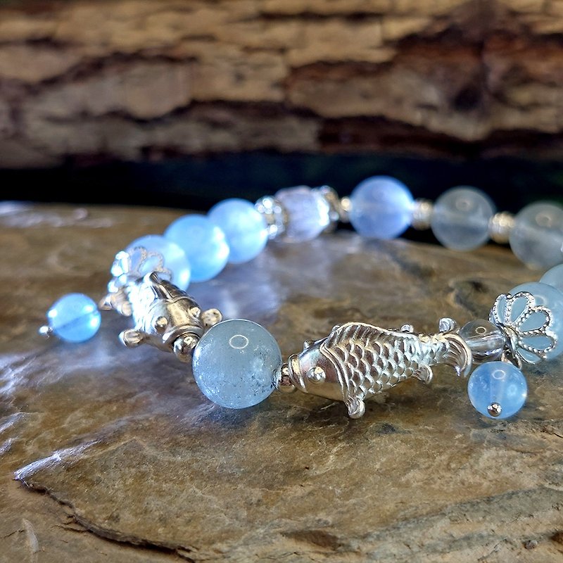 March Pisces Birth Healing Stone Bracelet | Fluorescent Sea Sapphire | White Crystal | One product, one shot - Bracelets - Crystal 
