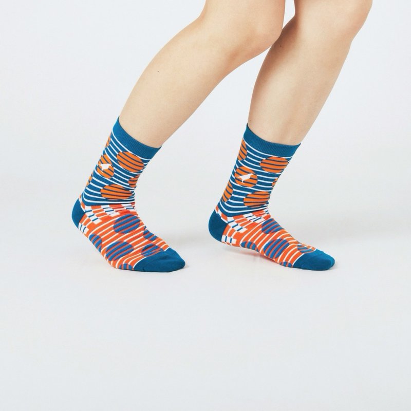 Striped Dots Blue/Orange Unisex Crew Socks | Yu Square x inBlooom - Socks - Cotton & Hemp Blue