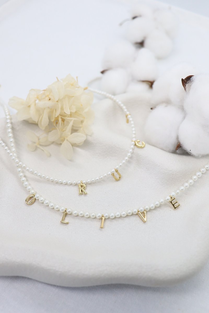 Pearl Necklaces - Swarovski Pearls & Letters Necklaces, Dainty Initial Pearls Necklaces
