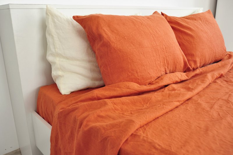 Burnt orange linen flat sheet/Linen bedsheet/Softened stonewashed linen sheet - 寢具/床單/被鋪 - 亞麻 橘色