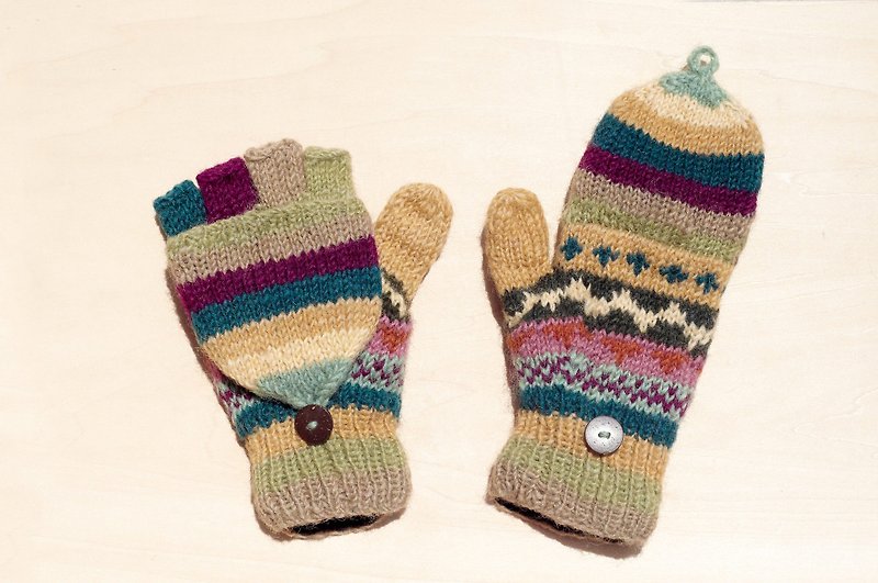 Limited hand knitted pure wool warm gloves / 2ways Gloves / Toe gloves / bristles gloves / knitted gloves - North Ou Feier color desert island nation totem - Gloves & Mittens - Wool Multicolor