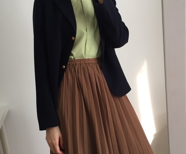 MIYA SKIRT - JAPANESE VINTAGE elastic茶色の伸縮性ウエストプリーツニットスカート - ショップ  MétaFormose スカート - Pinkoi