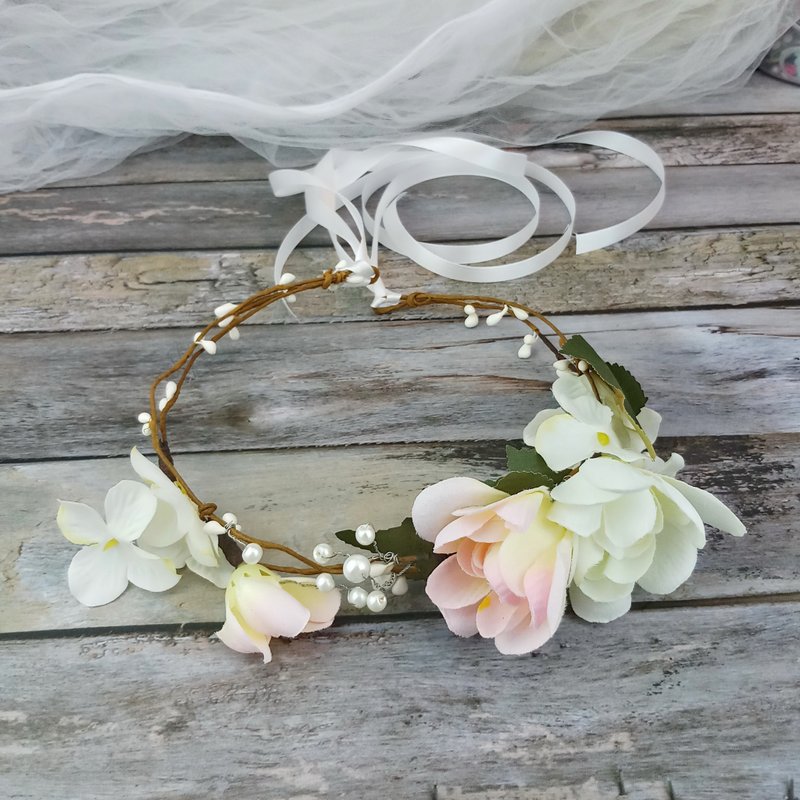 Flower crown, Rustic wedding crown, pink rose wreath, hair accessories C7 - เครื่องประดับผม - ผ้าไหม ขาว