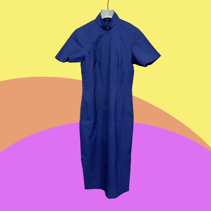 Pre-owned Vintage Bespoke Blue Slit Lightweight Short-Sleeve Qipao CA410 - ชุดเดรส - เส้นใยสังเคราะห์ สีน้ำเงิน