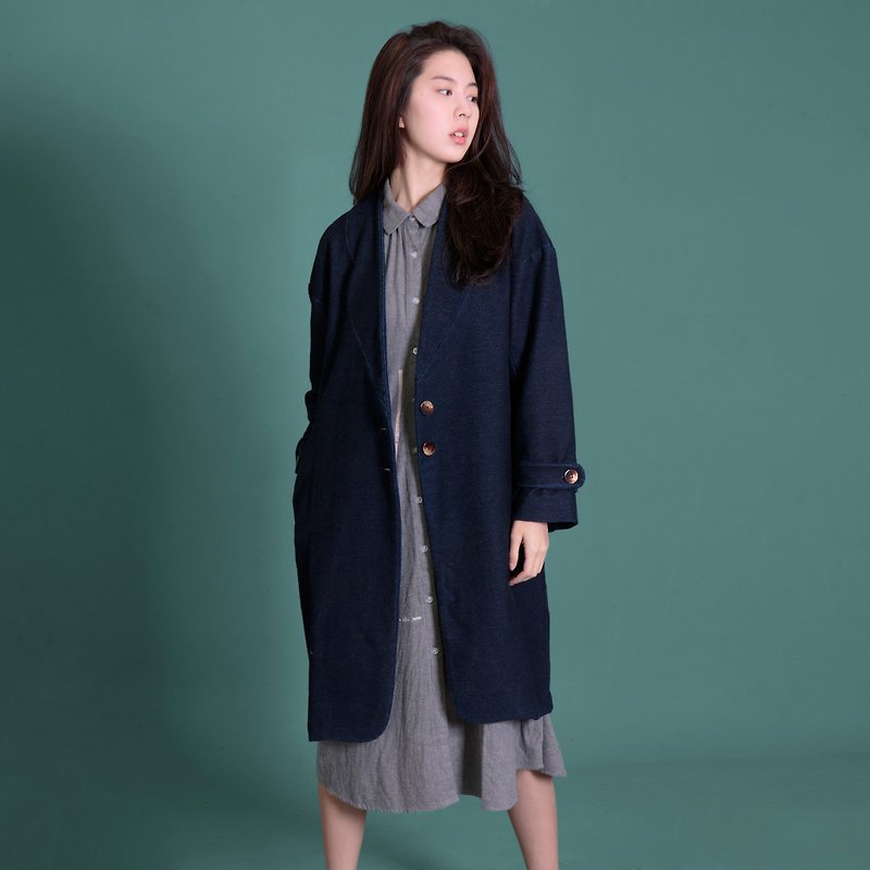 Collarless coat denim - เสื้อแจ็คเก็ต - ผ้าฝ้าย/ผ้าลินิน สีน้ำเงิน