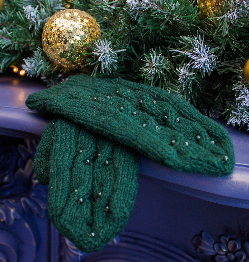 Dark-green mittens adorned with beads. Hand knitted. - Gloves & Mittens - Wool Green