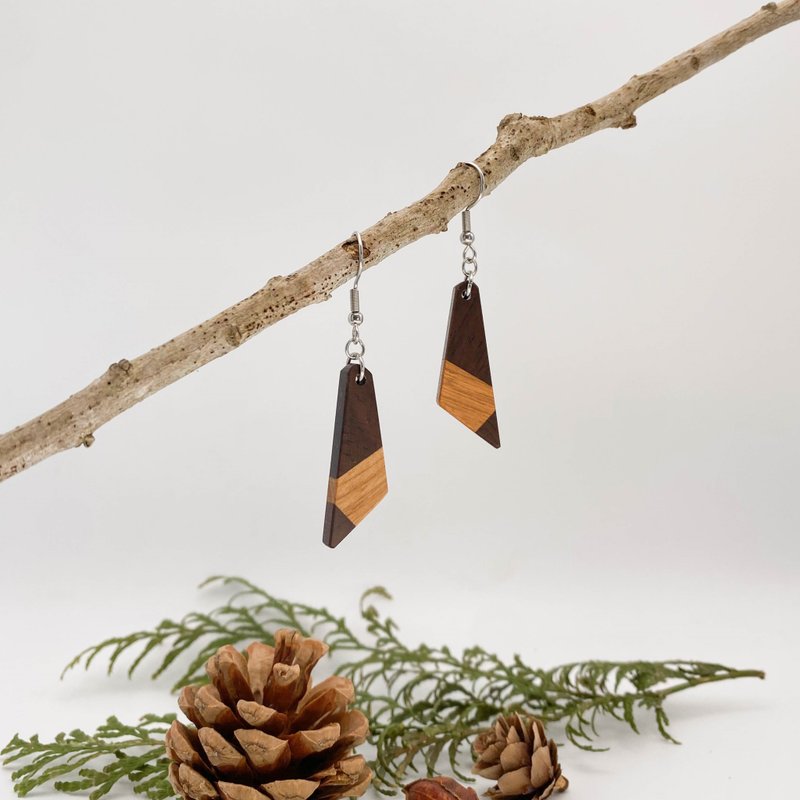 原木拼接耳環 垂墜 耳夾 手作 禮物 自然風 - 耳環/耳夾/耳骨夾 - 木頭 卡其色