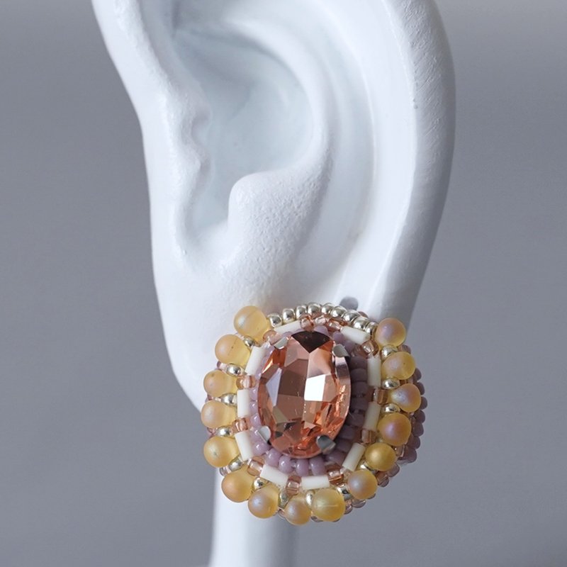 Chatty耳針5 圓形橙Bijou粉紅超大手術不鏽鋼耳針獨一無二的珠子刺繡 - 耳環/耳夾 - 玻璃 橘色