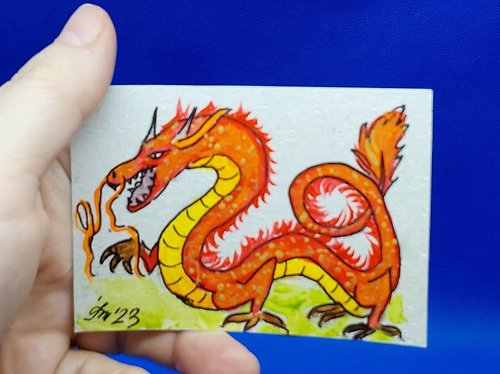 CosinessArt ACEO Golden Dragon #6 Original Collectible Postcard ACEO Zodiac ACEO well-being