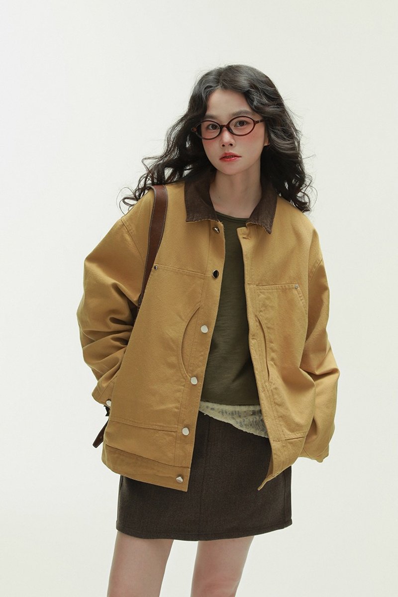 Khaki Neutral Workwear Jacket, Japanese Casual Loose Fit Silhouette Long Sleeve Outerwear M-2XL - เสื้อแจ็คเก็ต - ผ้าฝ้าย/ผ้าลินิน สีกากี