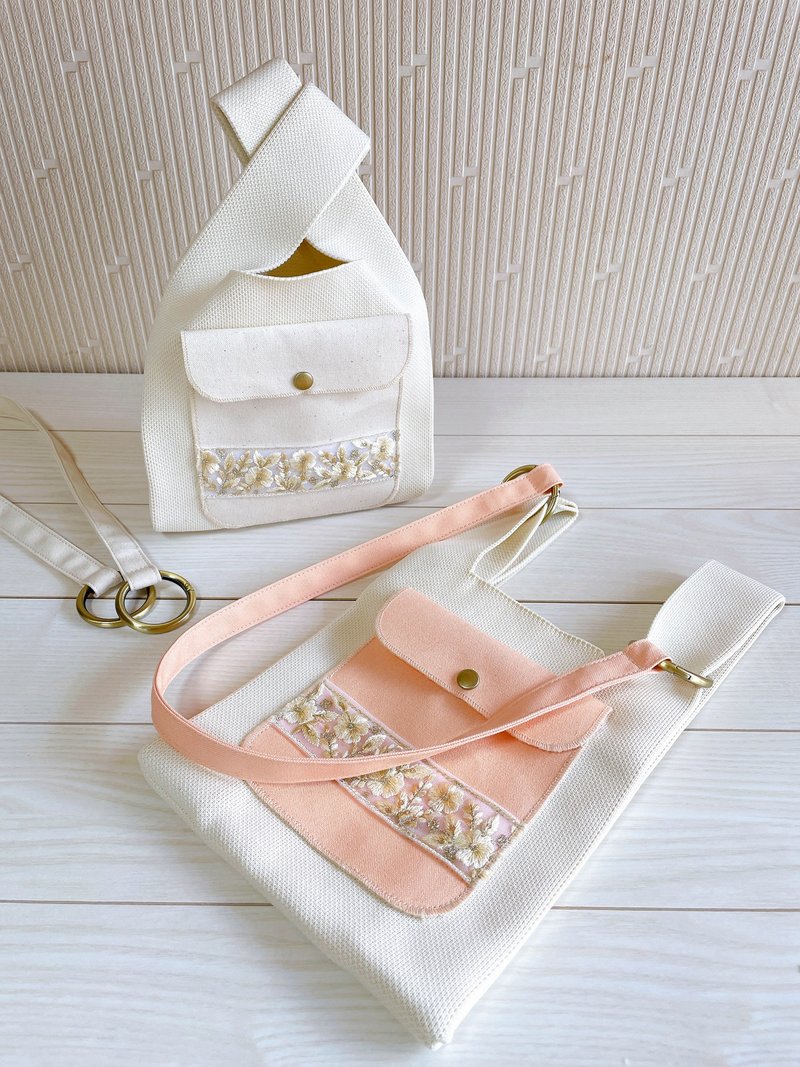倉敷帆布　ポケット付き　ニットバッグ　ミニトート　インド刺繡リボン　ショルダーストラップ付き - 手提包/手提袋 - 棉．麻 粉紅色