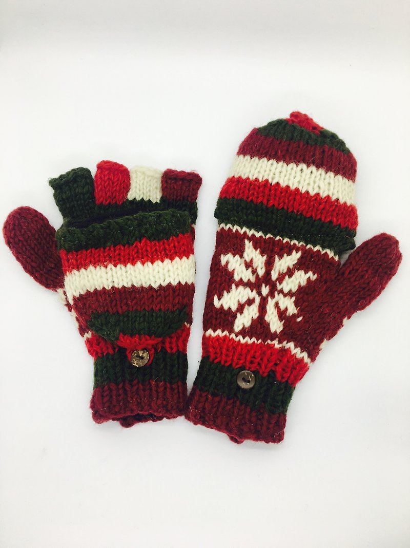 ネパールウール100％の手編みの純粋なウールの厚手の手袋 - バーガンディ赤のxのxグリーン北欧スタイル - 手袋 - ウール レッド
