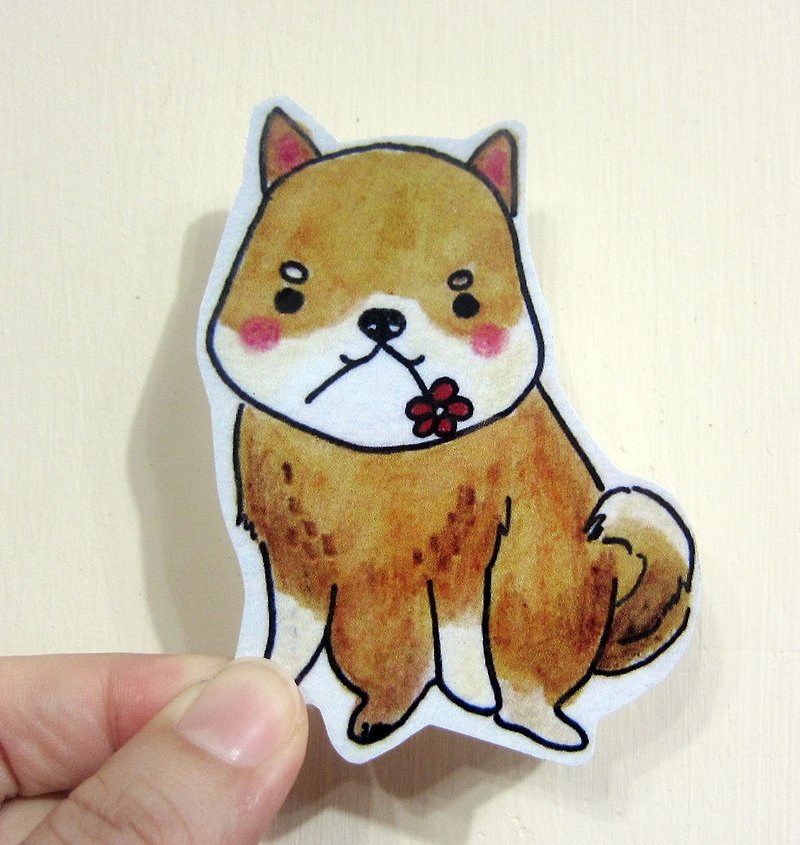 Hand-painted illustration style completely waterproof sticker Yellow Shiba Inu bites a small flower Shiba しばいぬ - Stickers - Waterproof Material Brown