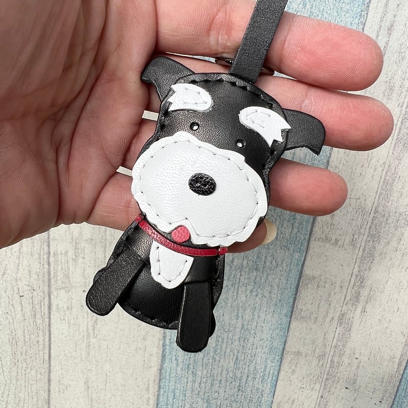 Small Healing Object Black Cute Schnauzer Hand-stitched Leather Pendant Small Size - Charms - Genuine Leather Black