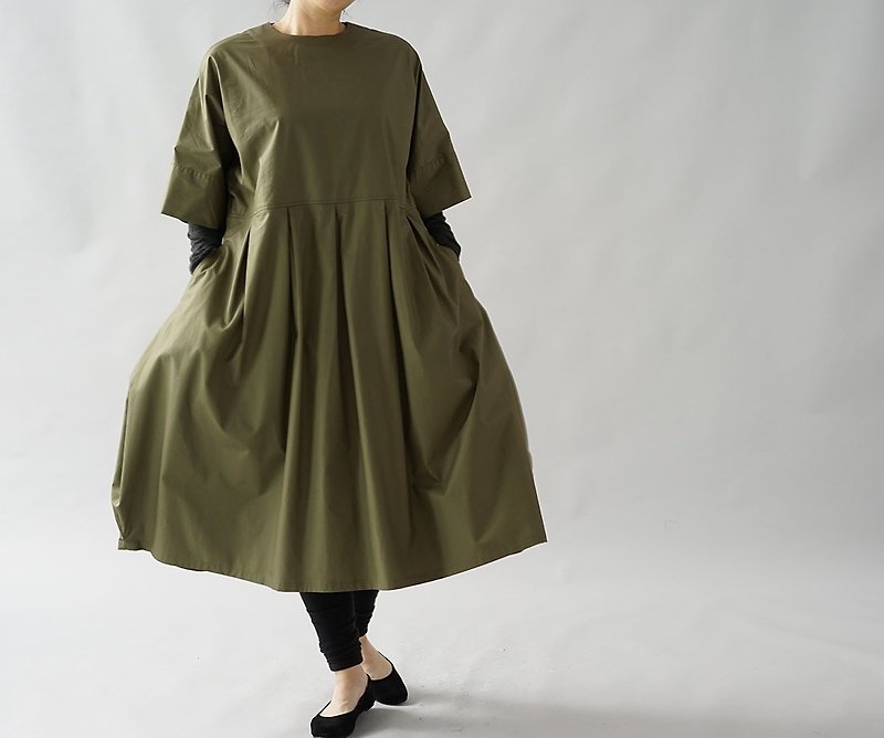 wafu  cotton dress / midi length / short sleeve / oversize / Khaki  a41-63 - ชุดเดรส - ผ้าฝ้าย/ผ้าลินิน สีกากี