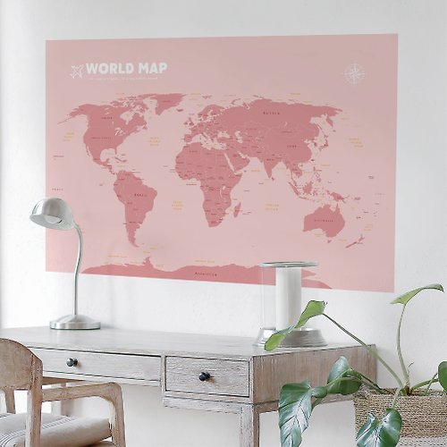 自由取材 Deco Life 【輕鬆壁貼】世界地圖/珊瑚紅 - 無痕/居家裝飾