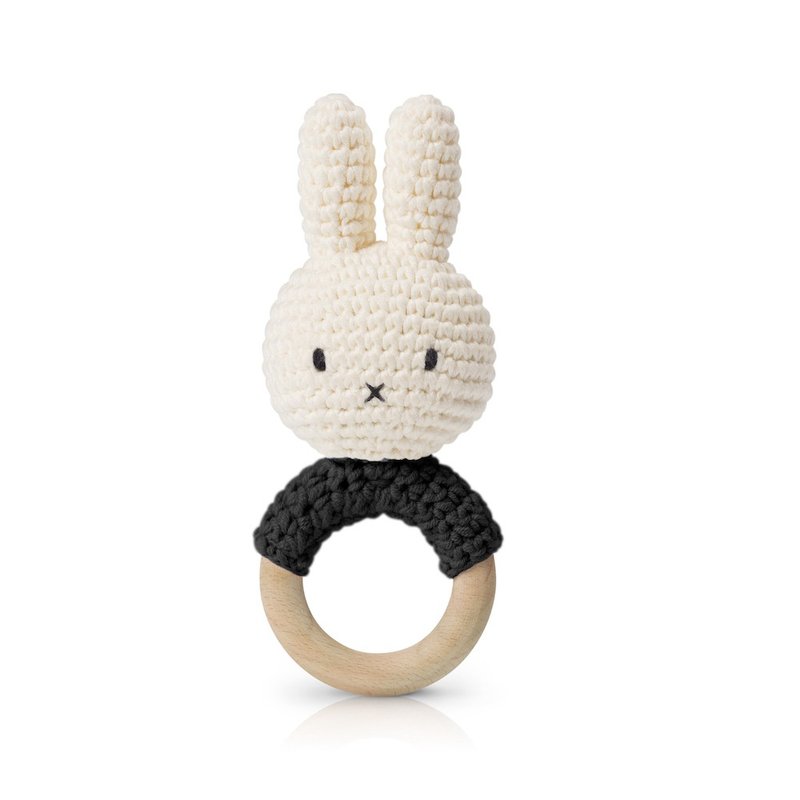 荷蘭Miffy米飛兔【miffy木環搖鈴 黑】手工純棉寶寶搖鈴安撫玩具 - 嬰幼兒玩具/毛公仔 - 棉．麻 黑色