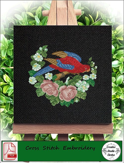 CreativeStudioElenka Vintage Cross Stitch Scheme Parrot and Daisy - PDF Embroidery Scheme