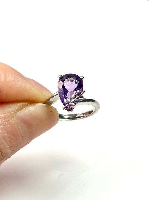 波卡圓點與小月光 巴西天然紫水晶橄欖枝造型戒指銀色