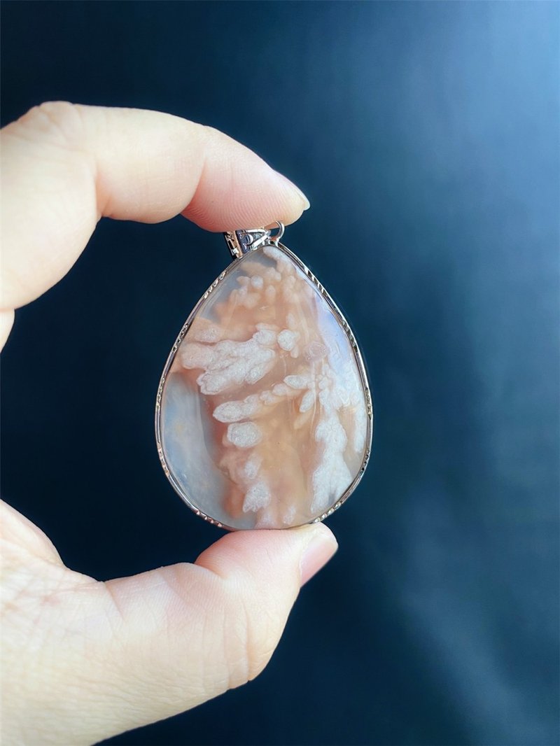 【售出】櫻花瑪瑙 S925銀鑲拖 炸花 漸層 意境美 天然石 水中花 - 項鍊 - 水晶 橘色