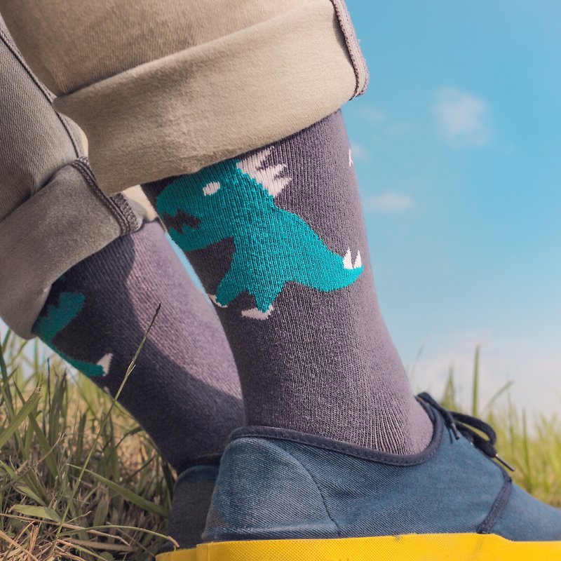 Roar!∣恐龍莫蘭迪風 - 設計襪∣台灣製∣抑菌除臭 - 襪子 - 棉．麻 藍色