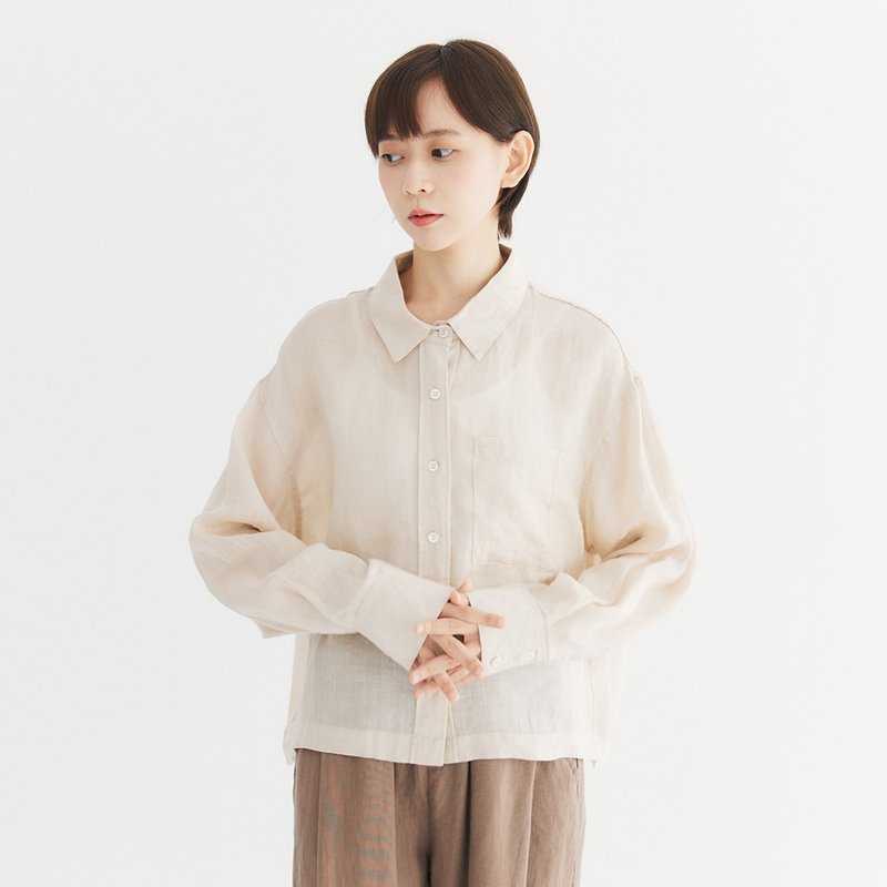 【Simply Yours】苧麻簡約短版襯衫 杏F - 女上衣/長袖上衣 - 棉．麻 卡其色