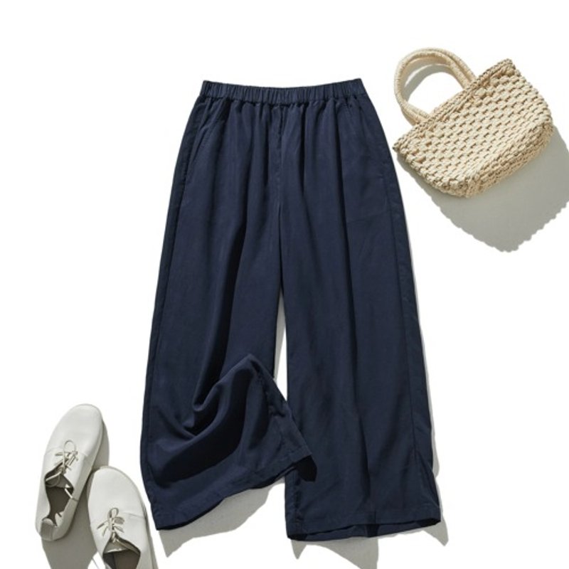 Wide pants with a comfortable waist for a slimming look, cotton Linen , navy blue, 200907-10 - เสื้อผู้หญิง - ผ้าฝ้าย/ผ้าลินิน 