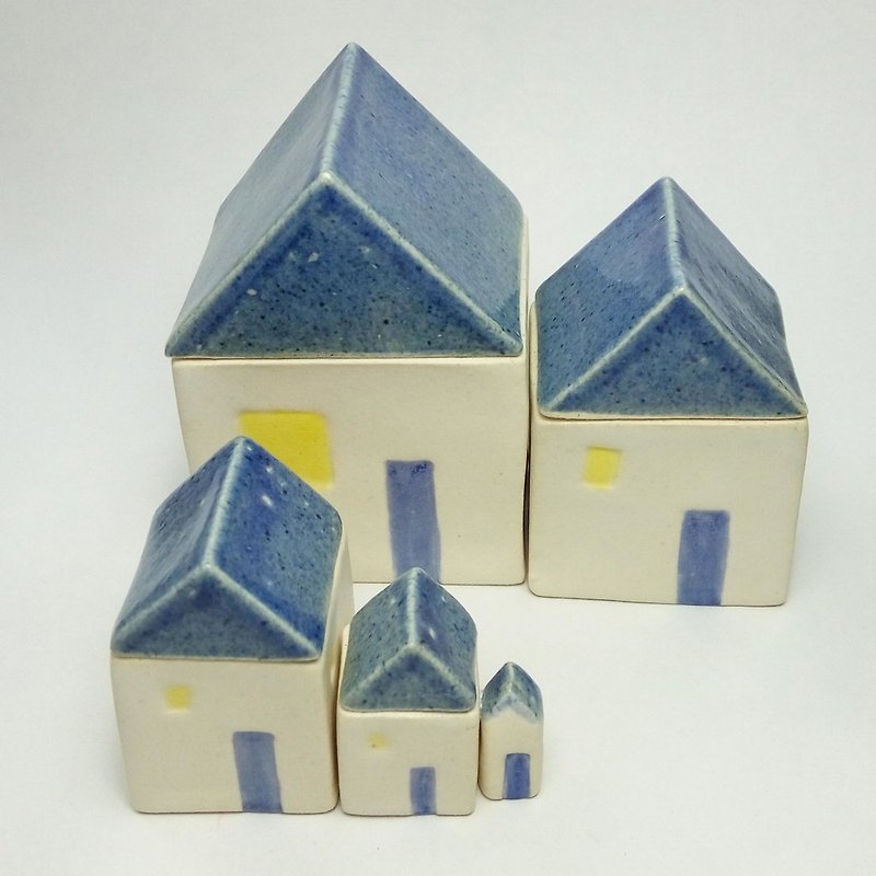 材質選擇 - 藍白 陶藝 小屋 盒中盒 - 花瓶/陶器 - 陶 藍色
