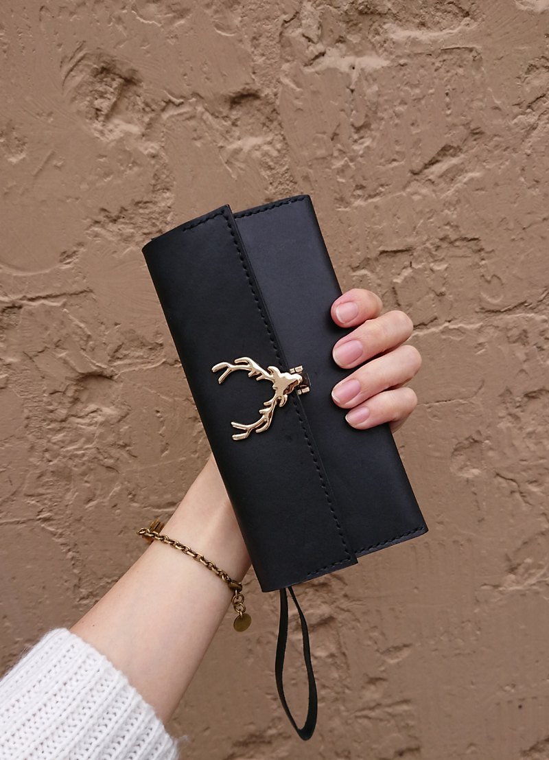 Elk Clutch Phone Case For iPhone xs max (size can be customized). Customized - กระเป๋าคลัทช์ - หนังแท้ สีดำ