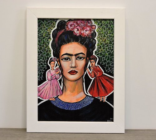 DCS-Art Frida Kahlo fantasy portrait with an angel and a demon on her shoulders