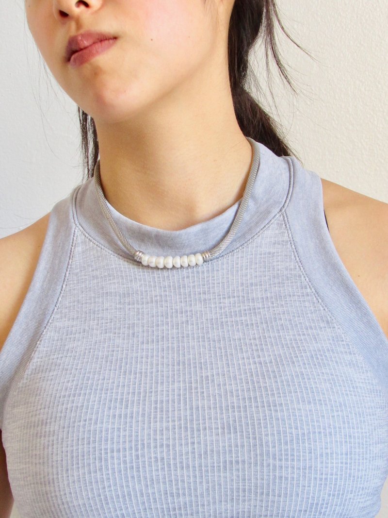 Vintage 90s Natural Pearl Cord Necklace - 項鍊 - 純銀 銀色