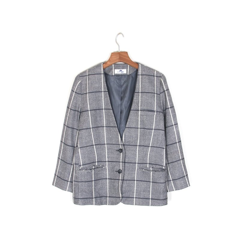 Ancient】 【egg plant silk mixed wool vintage coat jacket - เสื้อสูท/เสื้อคลุมยาว - ขนแกะ สีเทา