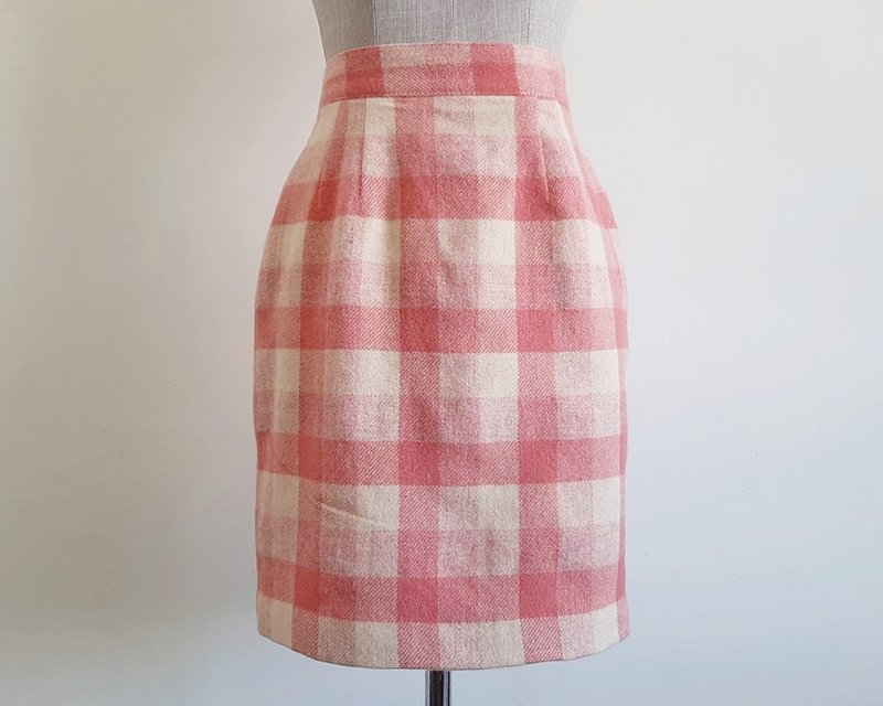 Vintage Cream Pink Check Mini Skirt - 裙子/長裙 - 其他材質 粉紅色