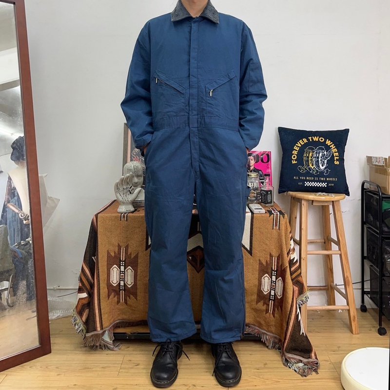 WALLS dark blue corduroy collar cotton-lined jumpsuit second-hand vintage - กางเกงขายาว - ผ้าฝ้าย/ผ้าลินิน สีน้ำเงิน