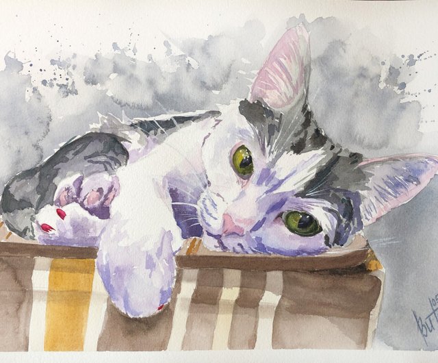 一点限り! 水彩画 タペストリ 絵画 オリジナル 猫 絵画 アンティーク