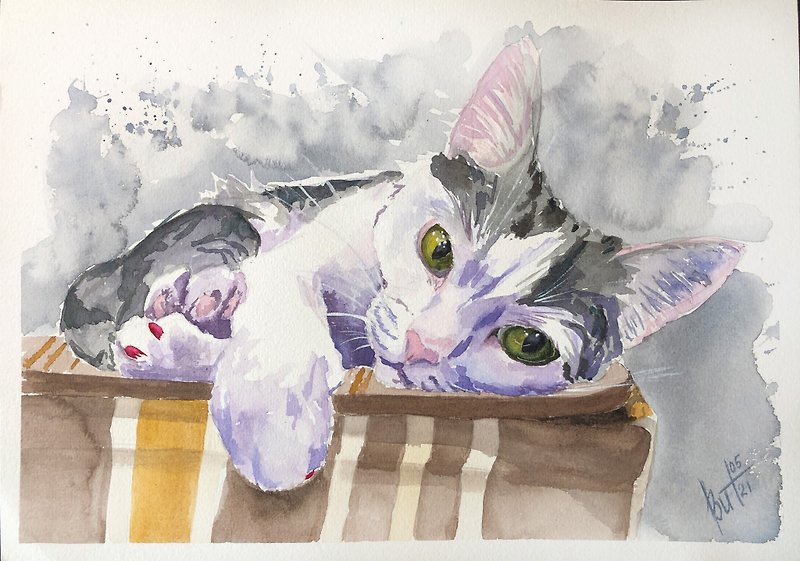 กระดาษ โปสเตอร์ สีเทา - Cat Painting Animal Original Artwork Watercolor Pet Portrait White Cat Wall Art