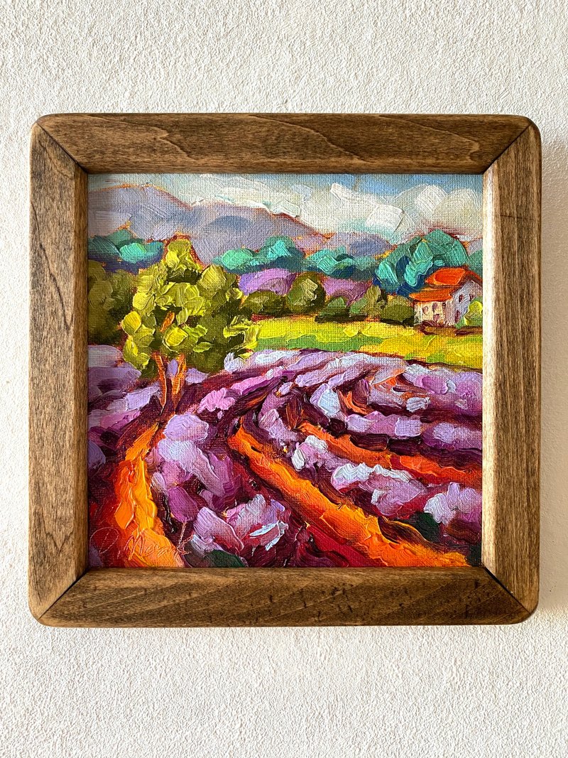 薰衣草田繪畫托斯卡納原創藝術風景油畫厚塗小幅藝術品 8x8 托斯 - 壁貼/牆壁裝飾 - 木頭 