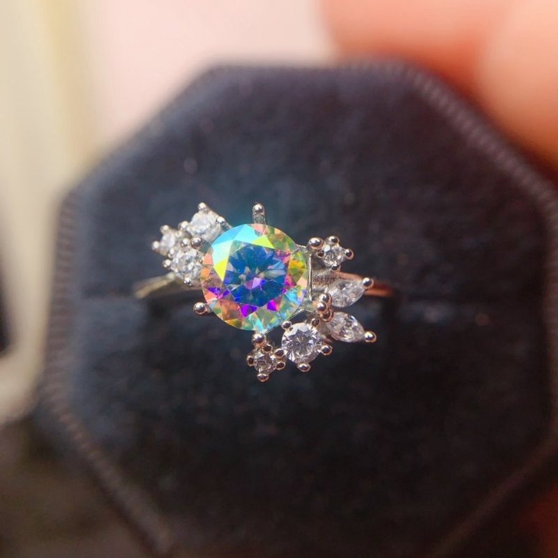 Moissanite Ring, Rainbow Moissanite Ring, Mystic Rainbow Moissanite Silver Ring - แหวนทั่วไป - เงินแท้ 