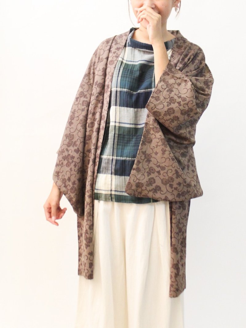  復古日本製咖啡棕色和風印花古著羽織和服外套罩衫開衫Kimono - 外套/大衣 - 聚酯纖維 咖啡色
