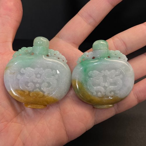 元元圓滾滾 水晶手鍊 瀚玉珠寶 天然A貨翡翠 老三彩鼻煙壺 復古雙龍黃加綠翡翠擺件證書