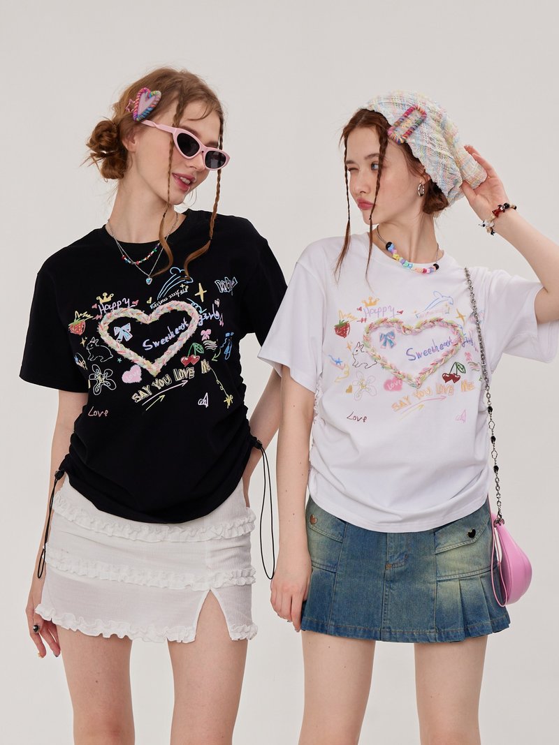 ziziFei summer loose design sense American retro drawstring top round neck three-dimensional love print short-sleeved T-shirt female - เสื้อยืดผู้หญิง - วัสดุอื่นๆ ขาว